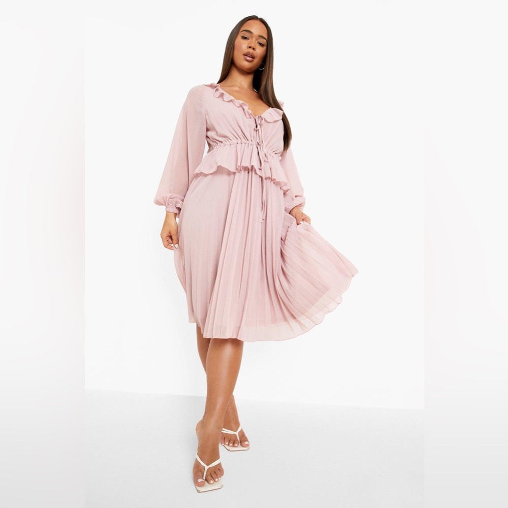 ASOS Design Pleated Long Sleeve Ruffle Midi Smock Dress